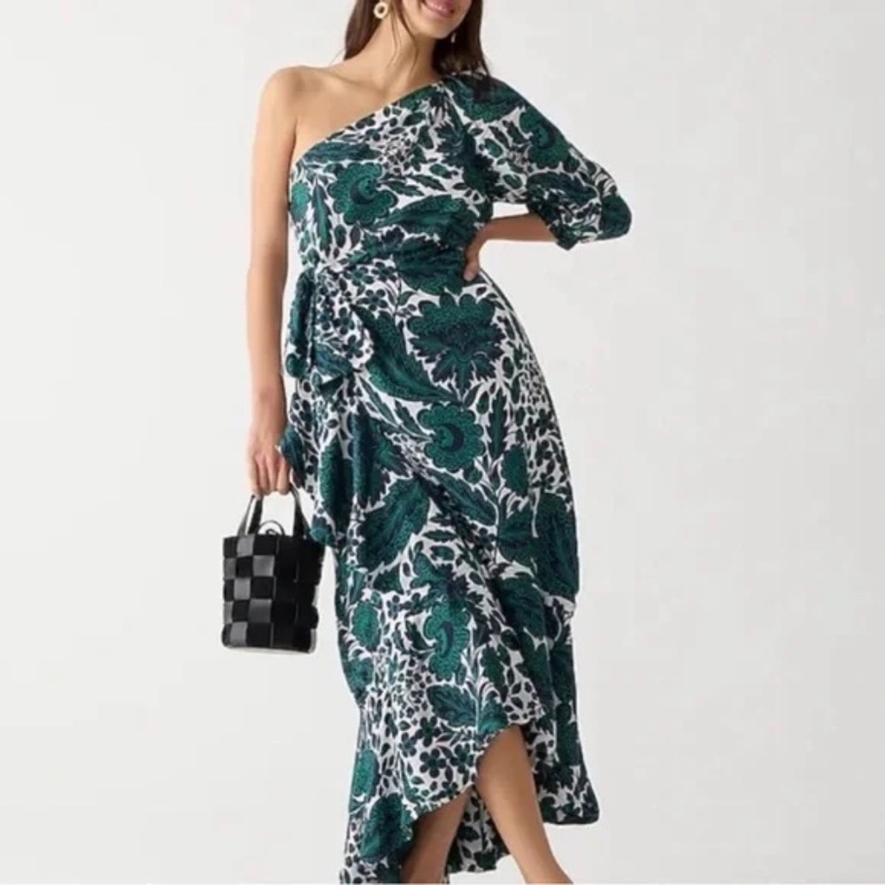 J.Crew Collection one-shoulder ruffle-hem dress in emerald floral - size 4